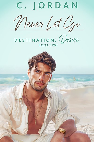 Never Let Go cover - a man with brown hair and an open white button down shirt sitting on a beach in Hawaii