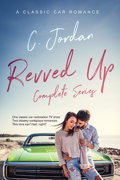 Revved Up cover. A white couple embrace while sitting on the hood of a green classic car with a lake in the background.